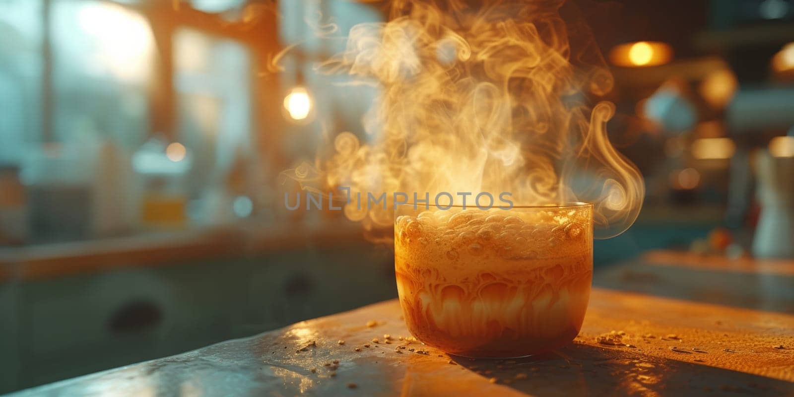 Steaming coffee cup on dark background.