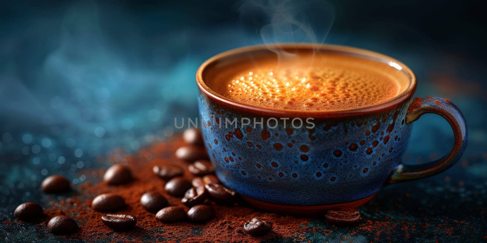 Steaming coffee cup on dark background.