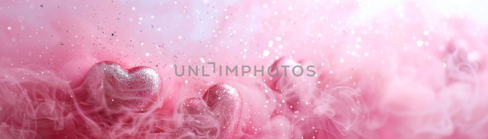 A whimsical pink heart glitter background immersed in soft smoke, perfect for Women's Day promotions, love-themed visuals, and romantic design projects. Panoramic banner. Generative AI. by creativebird
