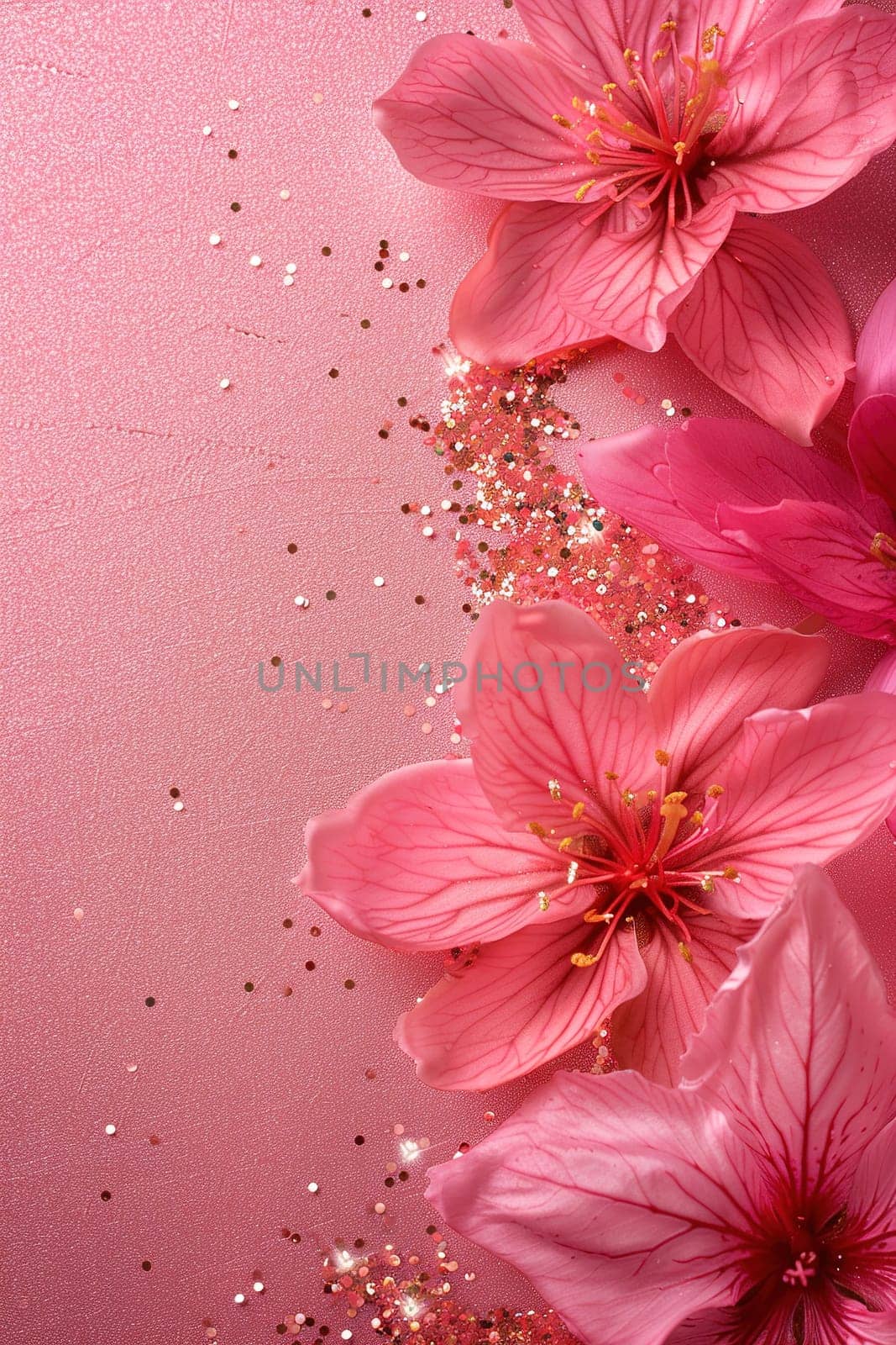 Pink glittering background with flowers, copy space. Women's Day. It's a girl backdrop with empty space. Baby shower or birthday invitation, party. Baby girl birth announcement. Generative AI