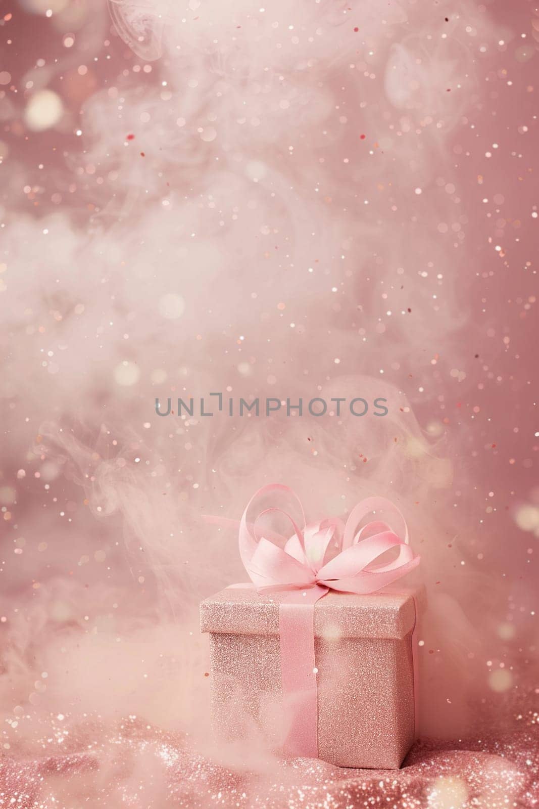 Pastel pink background with gift box, glitter, smoke and copy space. Women's Day. It's a girl backdrop with empty space. Baby shower or birthday invitation, party. Generative AI