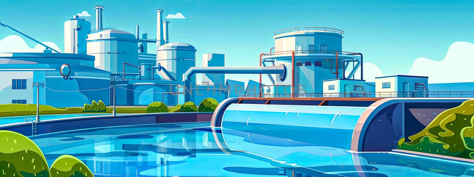 A cartoon illustration of a factory by the water, contrasting industrial building with natural landscape. Adjacent to a swimming pool, city skyline in the background