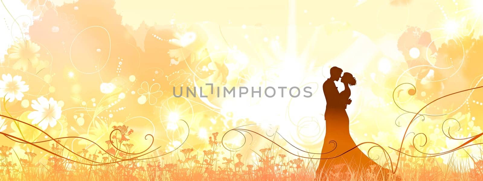 a bride and groom are kissing in a field of flowers, copy space by Edophoto