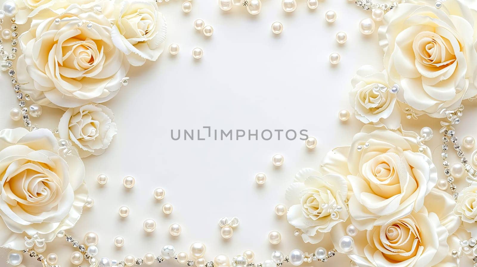 A white background adorned with white roses and pearls, copy space by Edophoto