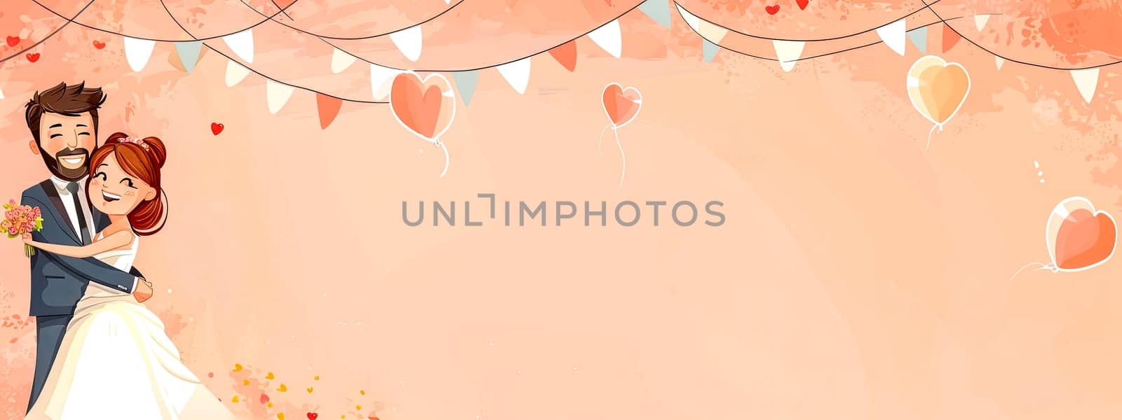 a bride and groom are standing next to each other on a pink background, copy space by Edophoto
