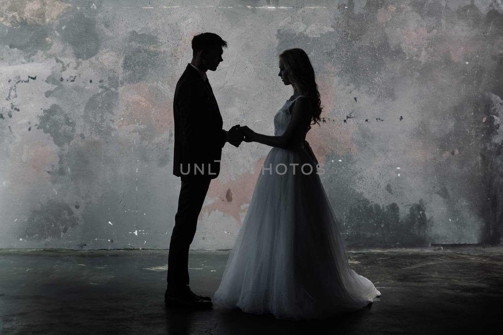 Cute wedding couple in the interior of a classic studio decorated. by Zelenin