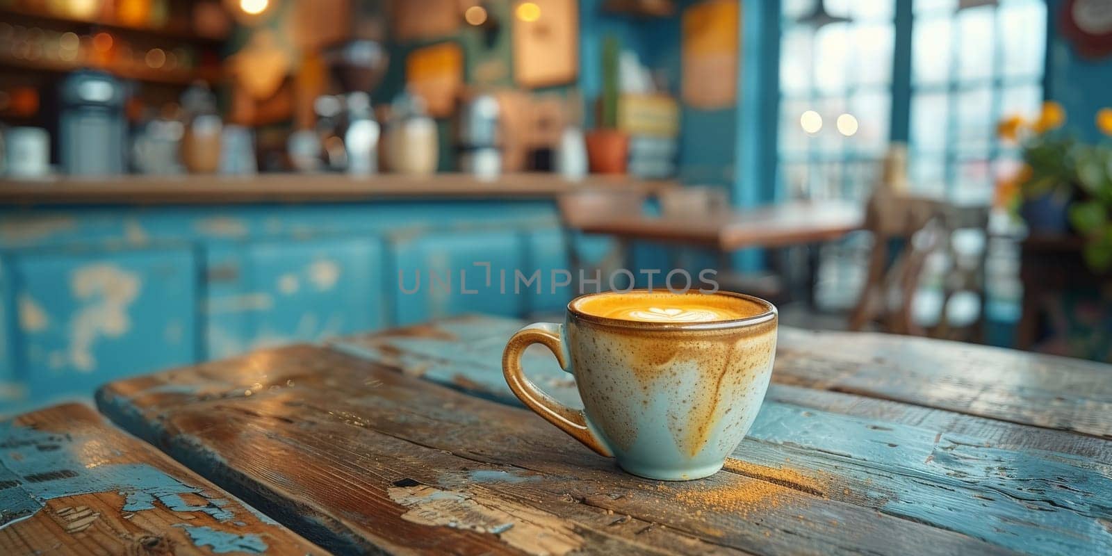 A cup of creamy coffee on a rustic wooden table of cozy cafe bar.