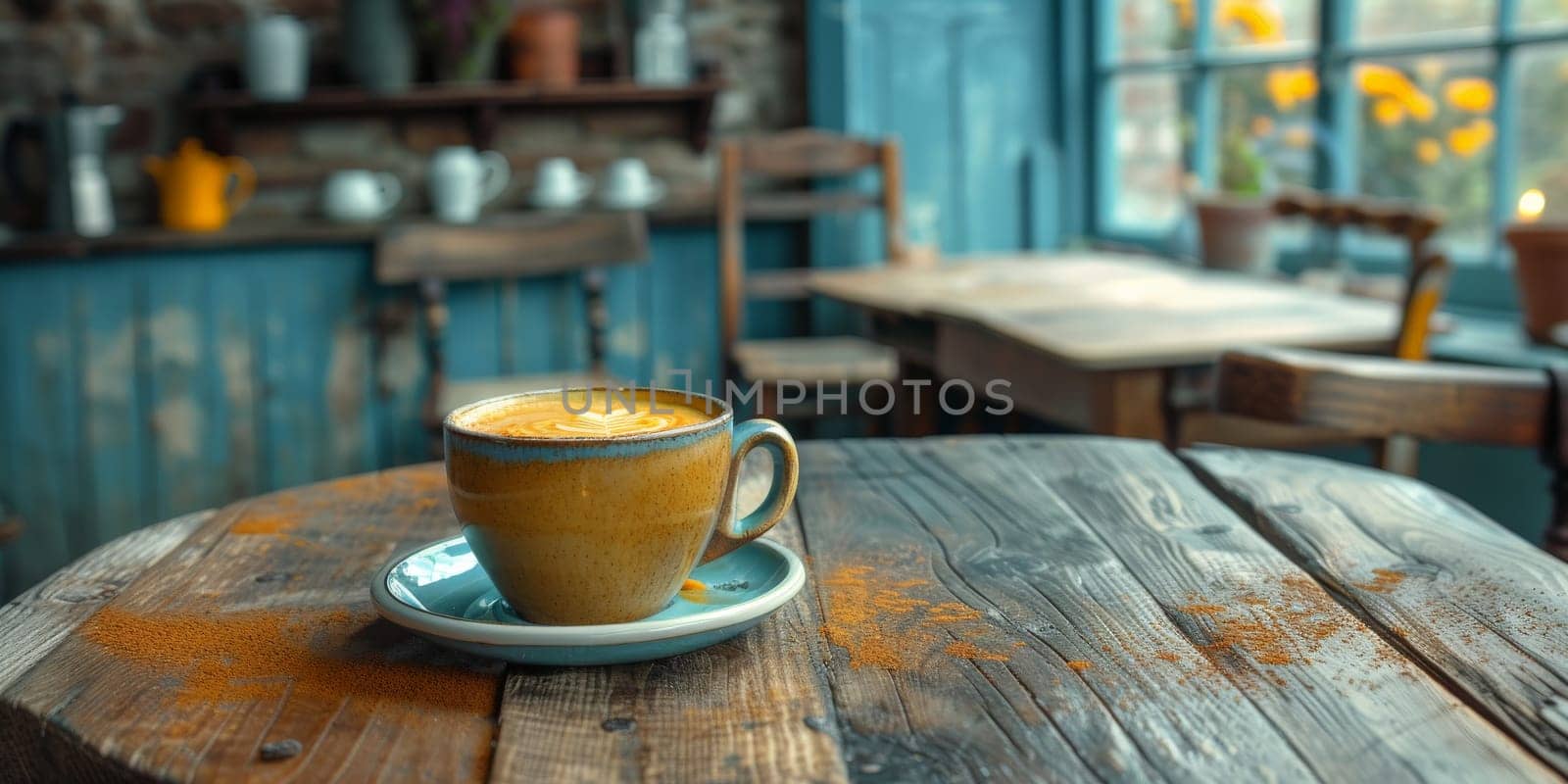 A cup of creamy coffee on a rustic wooden table of cozy cafe bar by Benzoix
