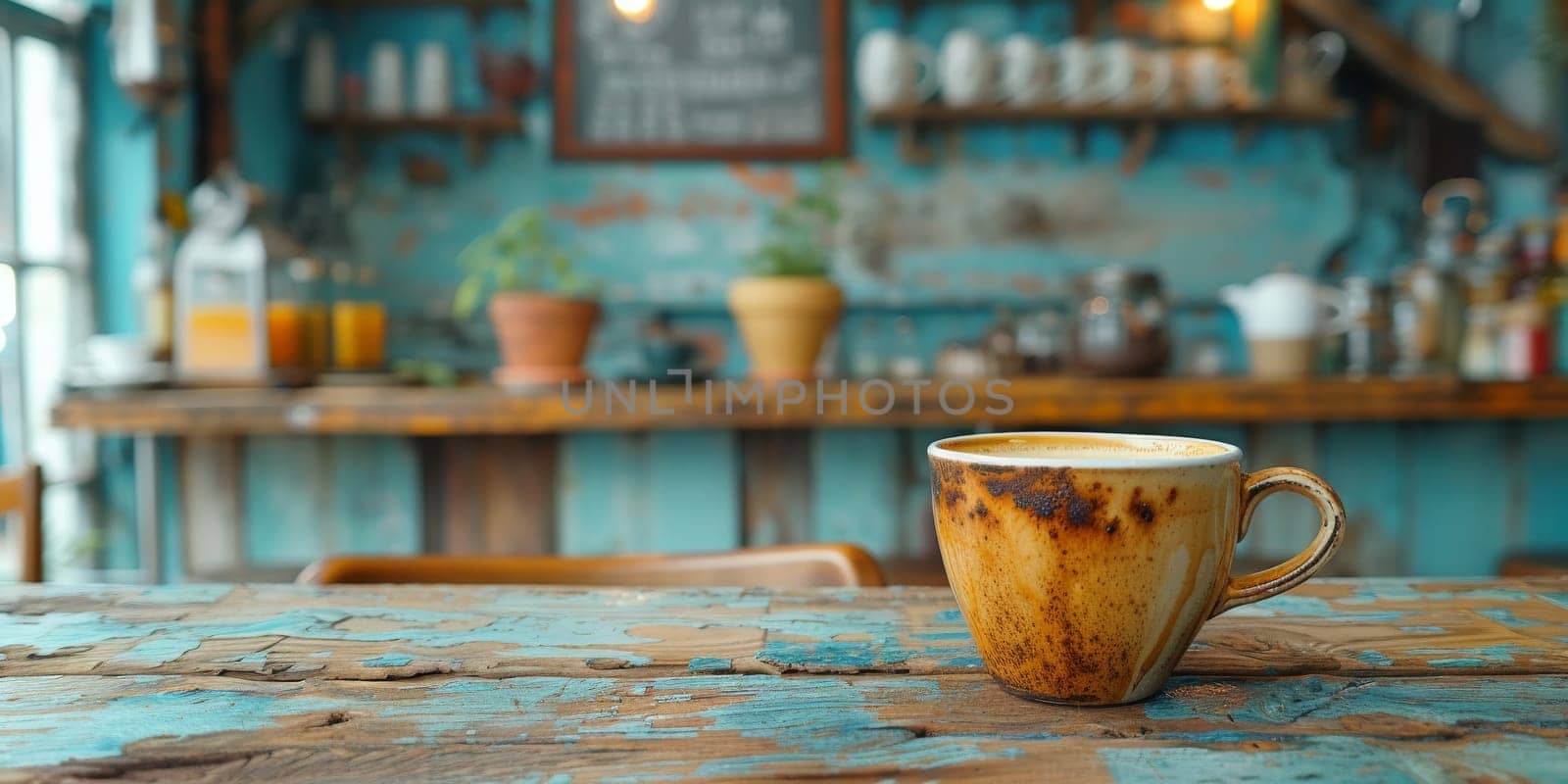 A cup of creamy coffee on a rustic wooden table of cozy cafe bar.