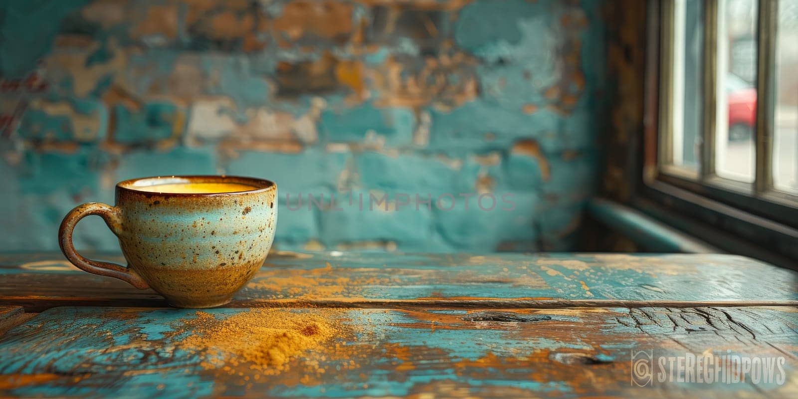 A cup of creamy coffee on a rustic wooden table of cozy cafe bar by Benzoix