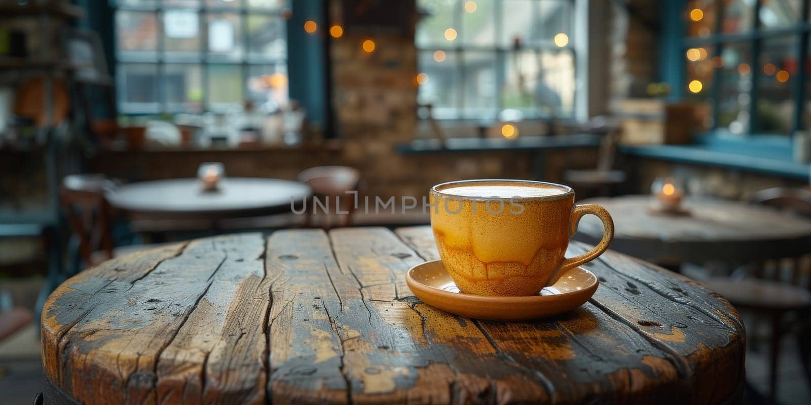 A cup of creamy coffee on a rustic wooden table of cozy cafe bar.