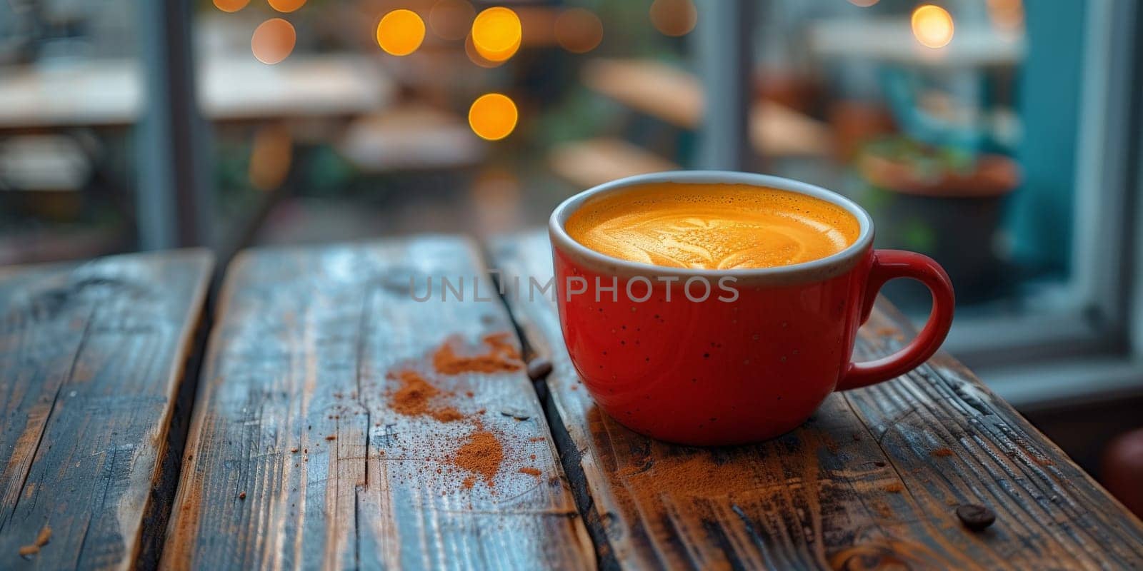 A cup of creamy coffee on a rustic wooden table of cozy cafe bar.