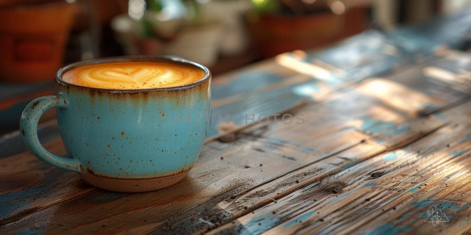 A cup of creamy coffee on a rustic wooden table of cozy cafe bar by Benzoix