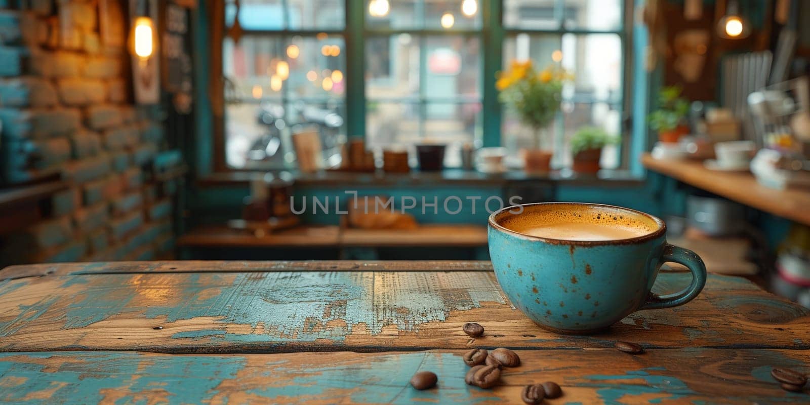 A cup of creamy coffee on a rustic wooden table of cozy cafe bar.