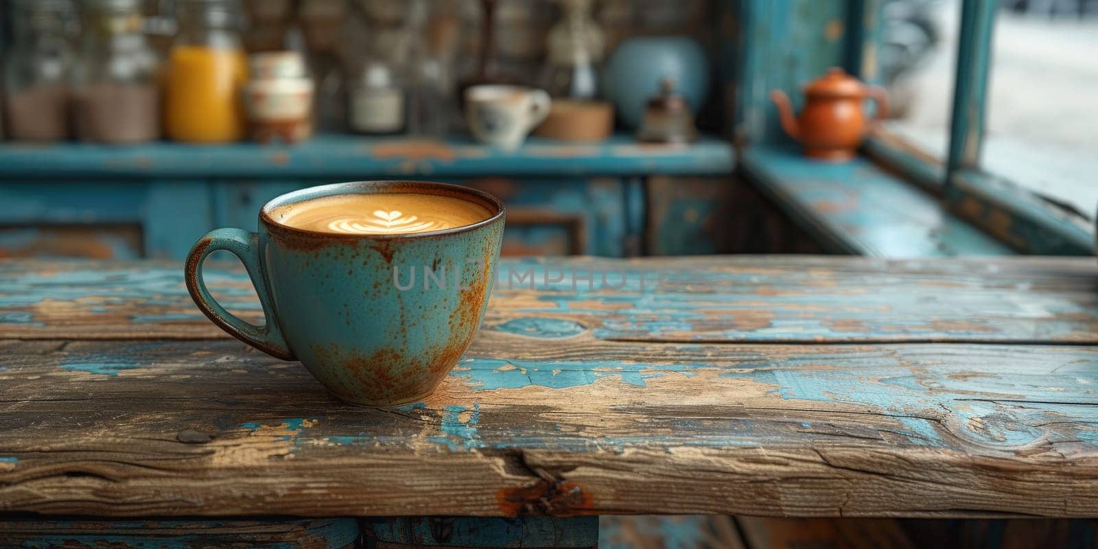 A cup of creamy coffee on a rustic wooden table of cozy cafe bar.