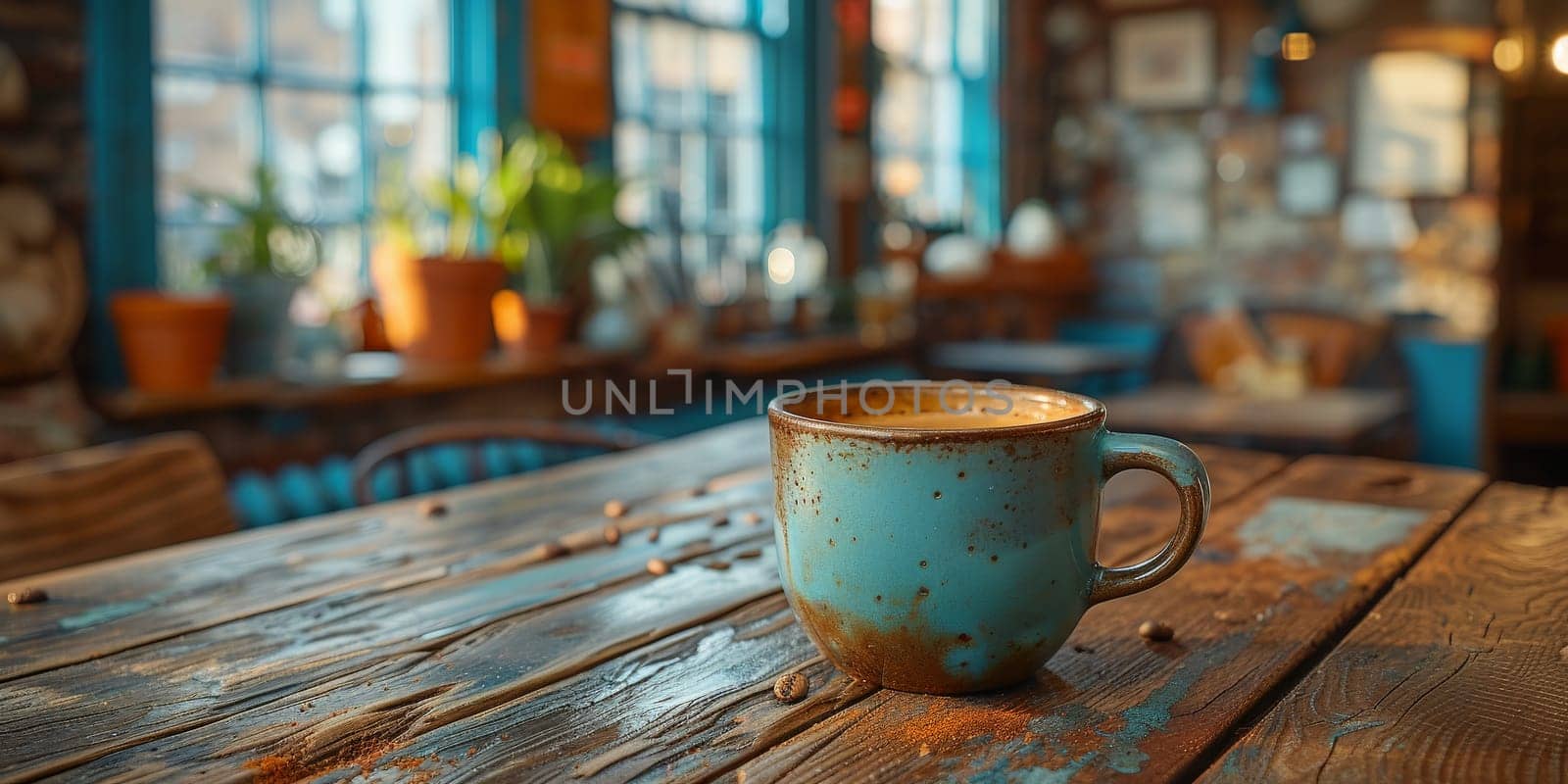 A cup of creamy coffee on a rustic wooden table of cozy cafe bar.