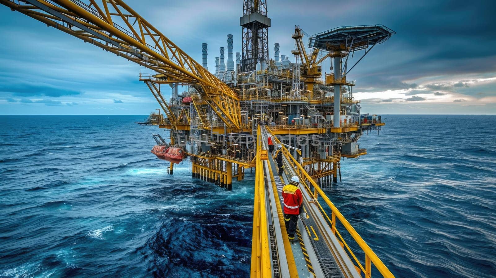 The naval architecture of an oil rig floating in the vast ocean, surrounded by water and sky, showcases engineering marvel amidst fluid and liquid environment. AIG41