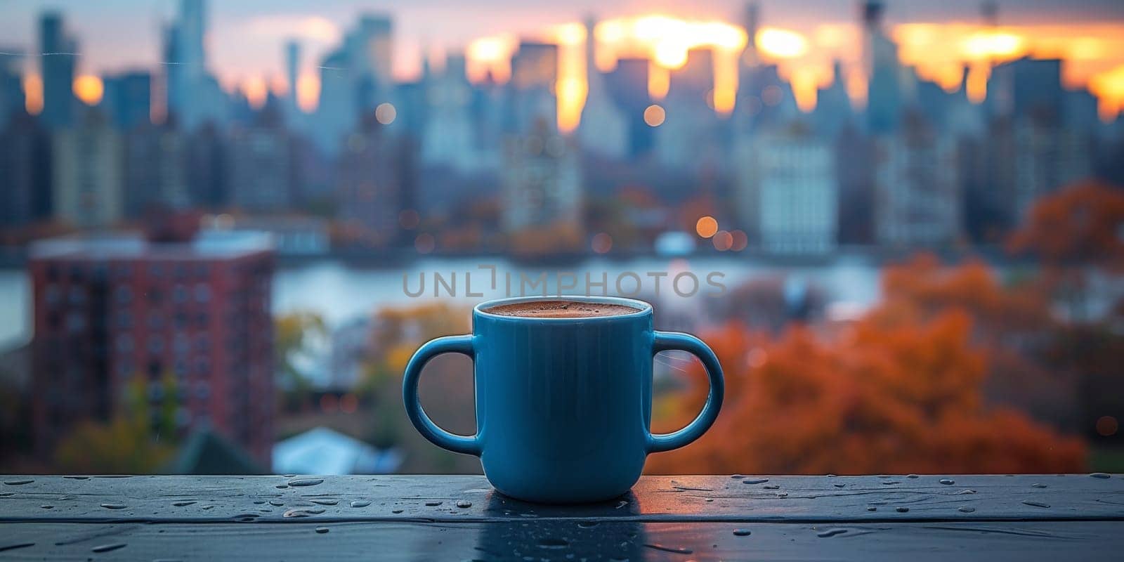 Cup of Coffee on the balcony with view on the city skyline