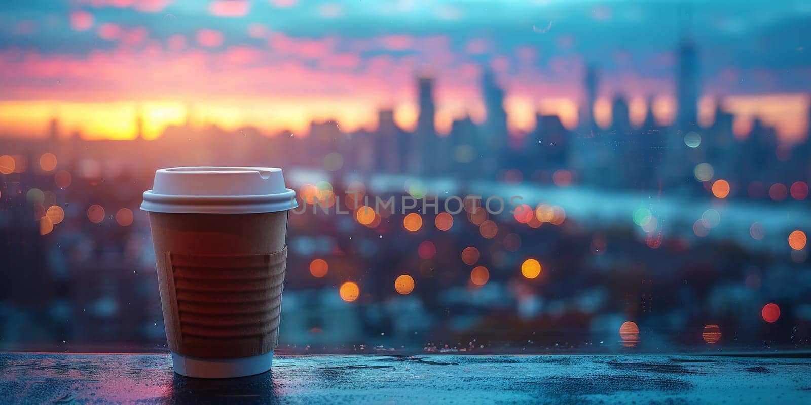 Cup of Coffee on the balcony with view on the city skyline