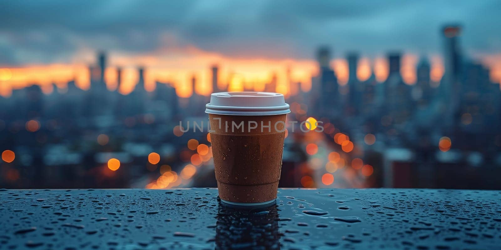 Cup of Coffee on the balcony with view on the city skyline