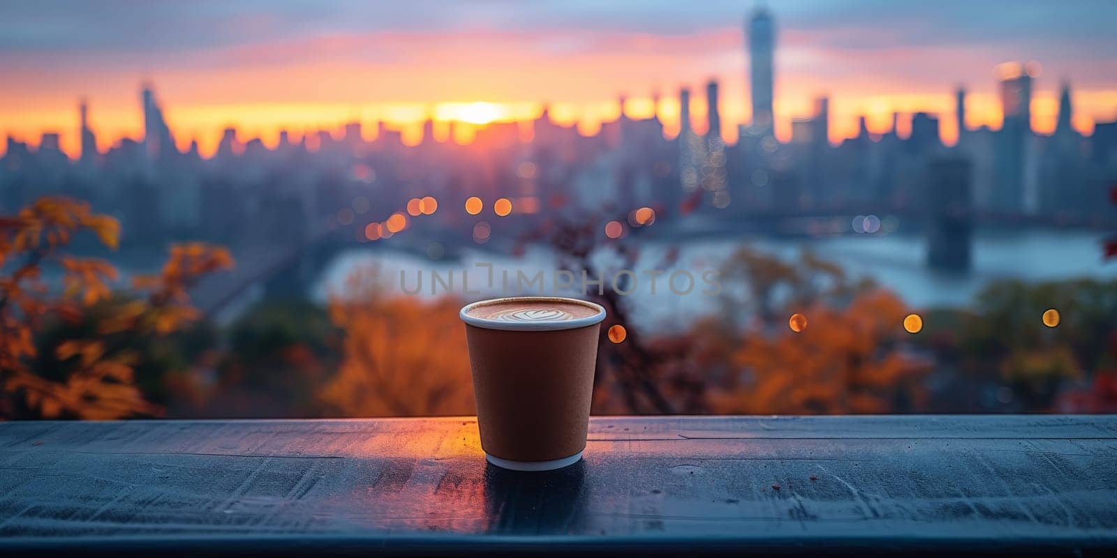 Cup of Coffee on the balcony with view on the city skyline by Benzoix
