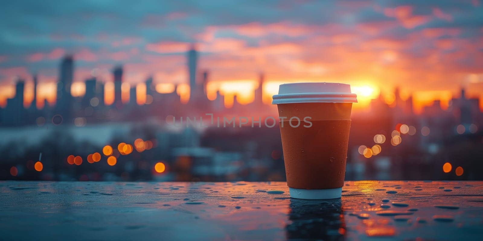 Cup of Coffee on the balcony with view on the city skyline by Benzoix