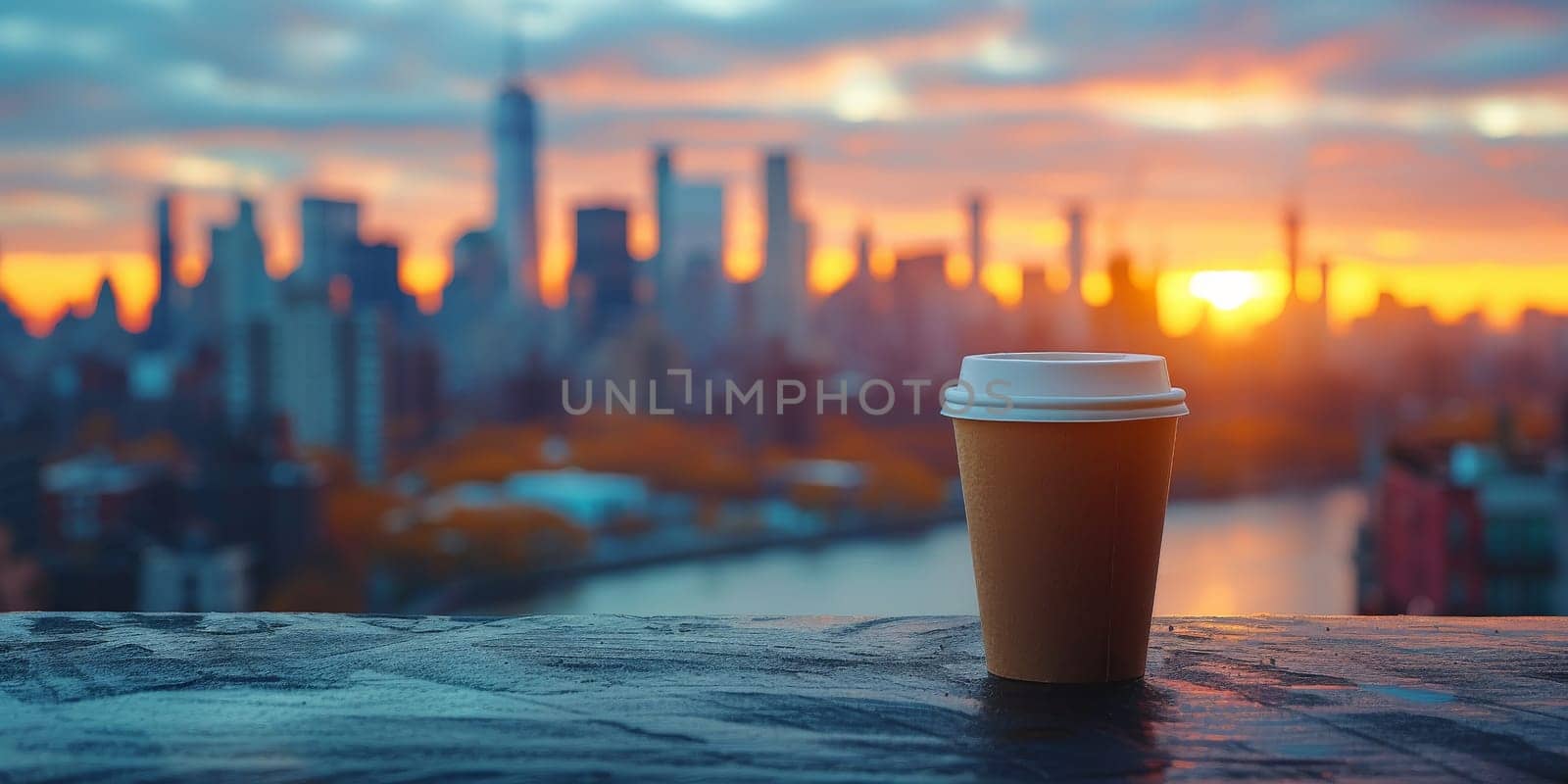 Cup of Coffee on the balcony with view on the city skyline by Benzoix