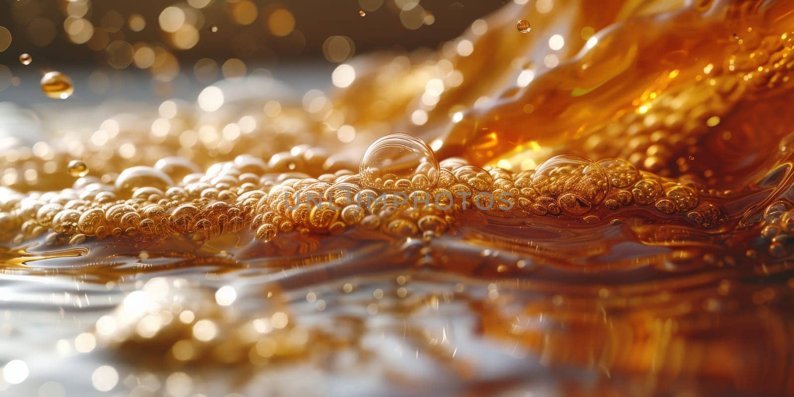 A close up, macro shot showing the bubbles and texture of a delicious, hot cup of brown coffee with a light layer of foam forming a pattern on top. Image has copy space.