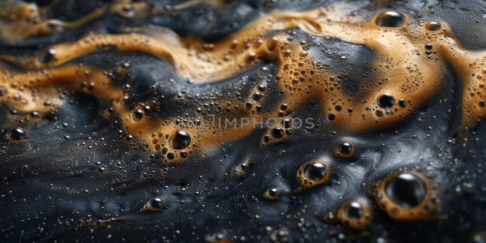 A close up, macro shot showing the bubbles and texture of a delicious, hot cup of brown coffee with a light layer of foam forming a pattern on top. Image has copy space.