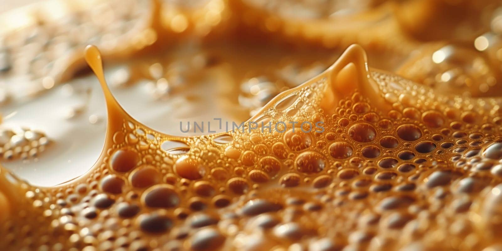 A close up, macro shot showing the bubbles and texture of a delicious, hot cup of brown coffee with a light layer of foam forming a pattern on top. Image has copy space.