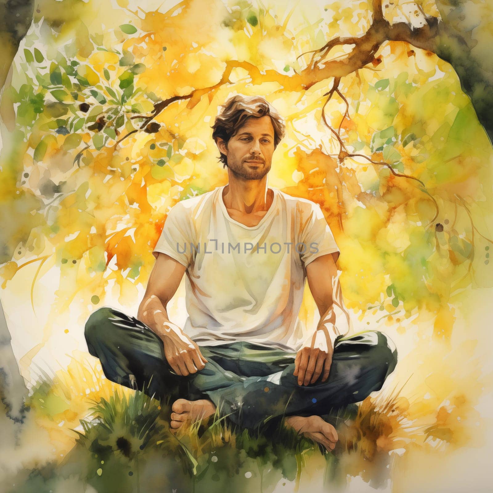 A young man is sitting cross-legged in meditation on the grass against the background of an autumn forest. Watercolor illustration evokes tranquility and connection with nature.