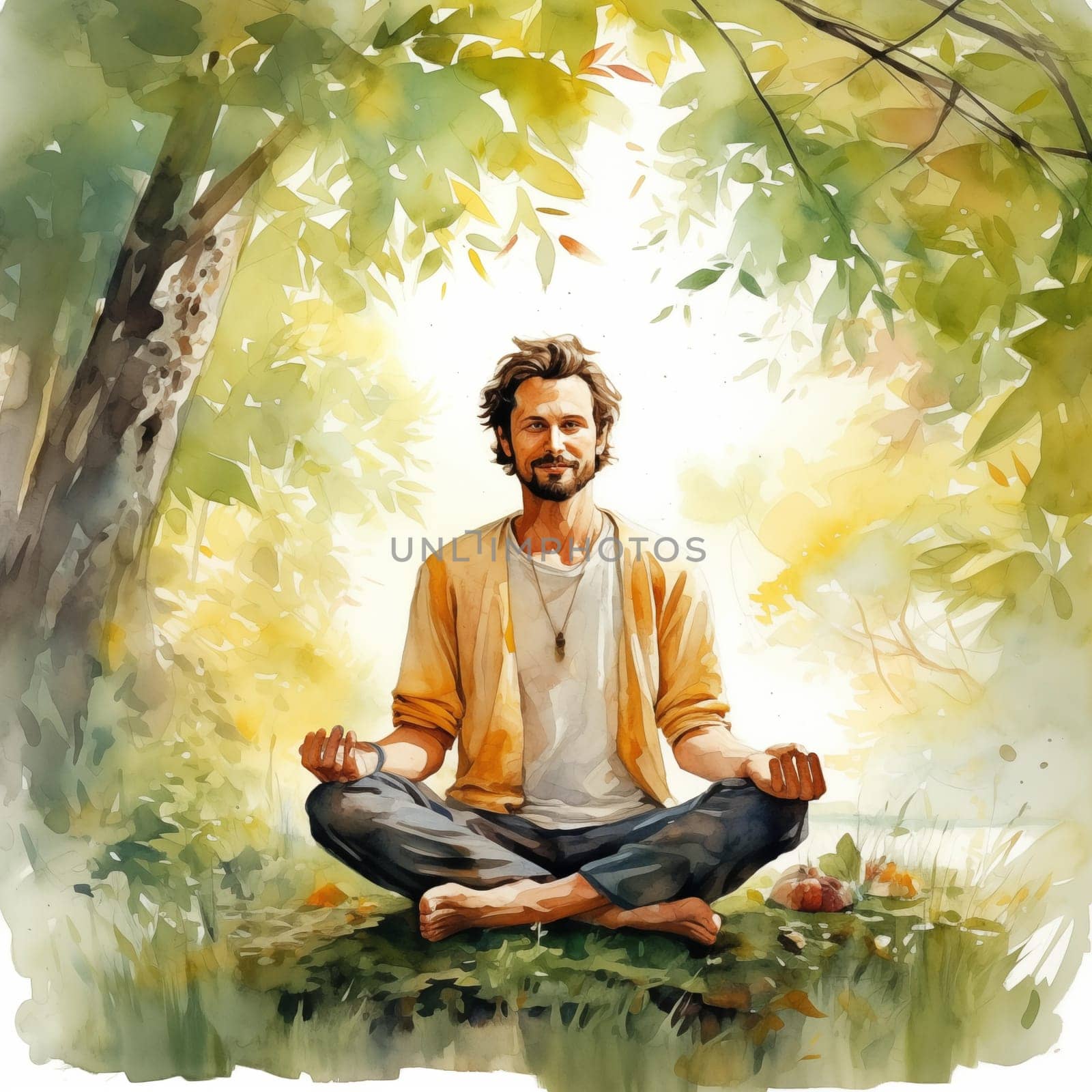 A happy adult man in meditation is sitting cross-legged on the grass among the trees. Summer, watercolor. The illustration evokes calmness and connection with nature. by veronawinner