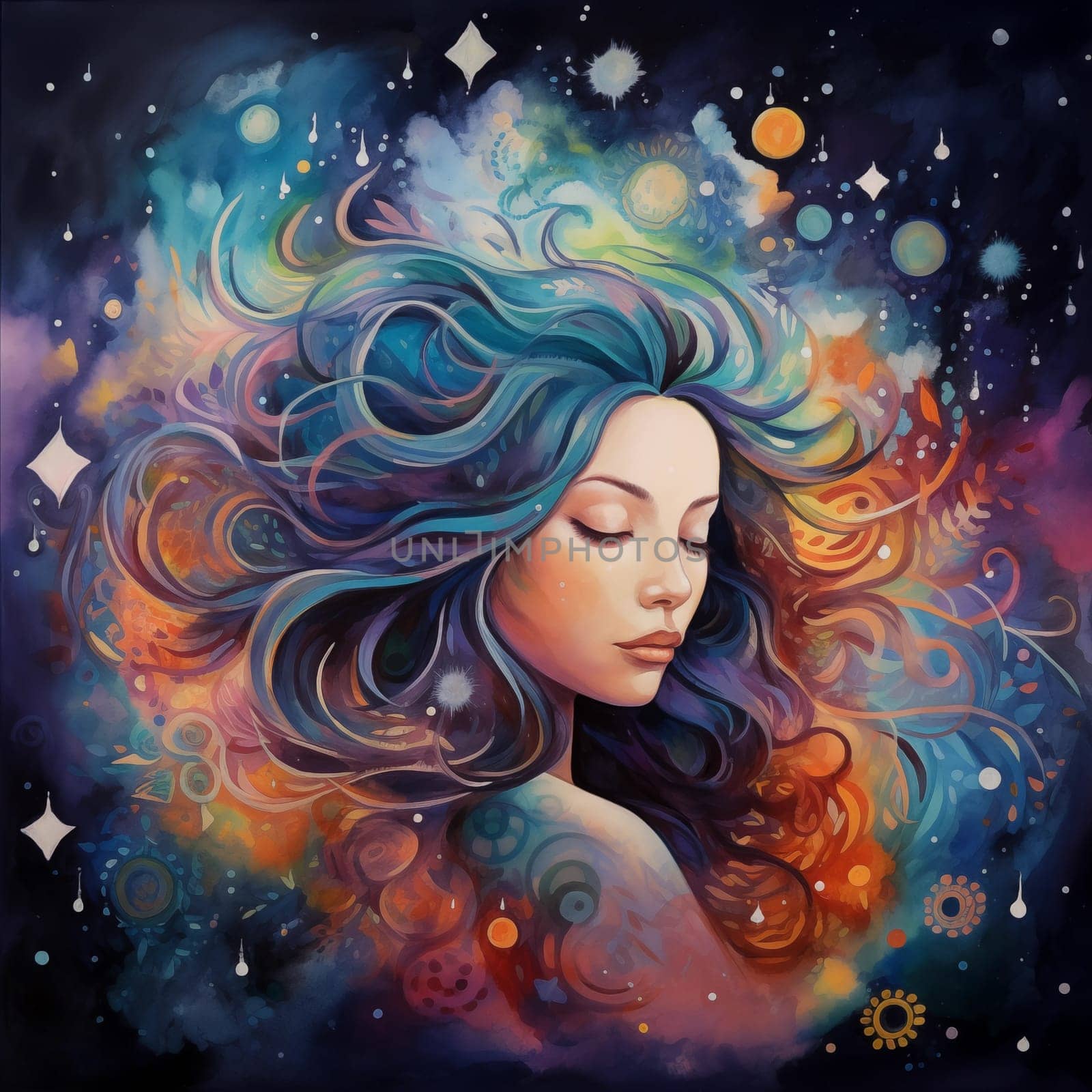 A girl meditating with closed eyes and flowing hair against a cosmic background with nebulae. Close-up. Colorful illustration capturing the serenity and beauty of meditation amidst the cosmic wonders. by veronawinner