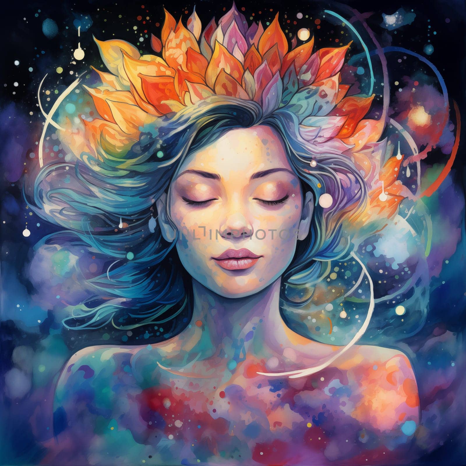 A meditating girl with closed eyes against a cosmic backdrop, nebulae and flowers. Close-up. A vibrant, colorful illustration capturing the serenity of meditation amidst the cosmic wonders. by veronawinner