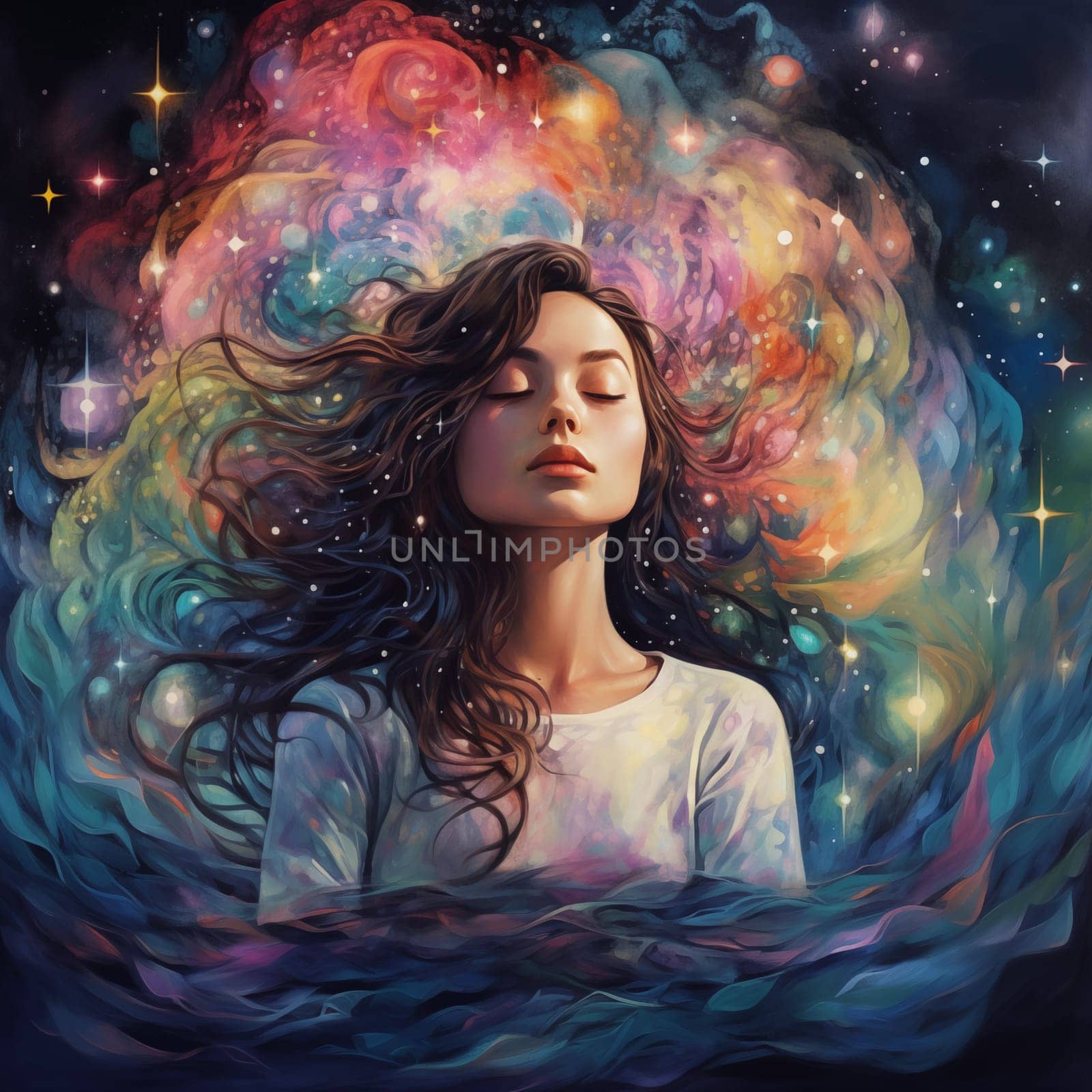 Vibrant stock illustration of a meditating girl with closed eyes and flowing hair against a cosmic backdrop with nebulae. A colorful and serene depiction capturing the essence of meditation. by veronawinner