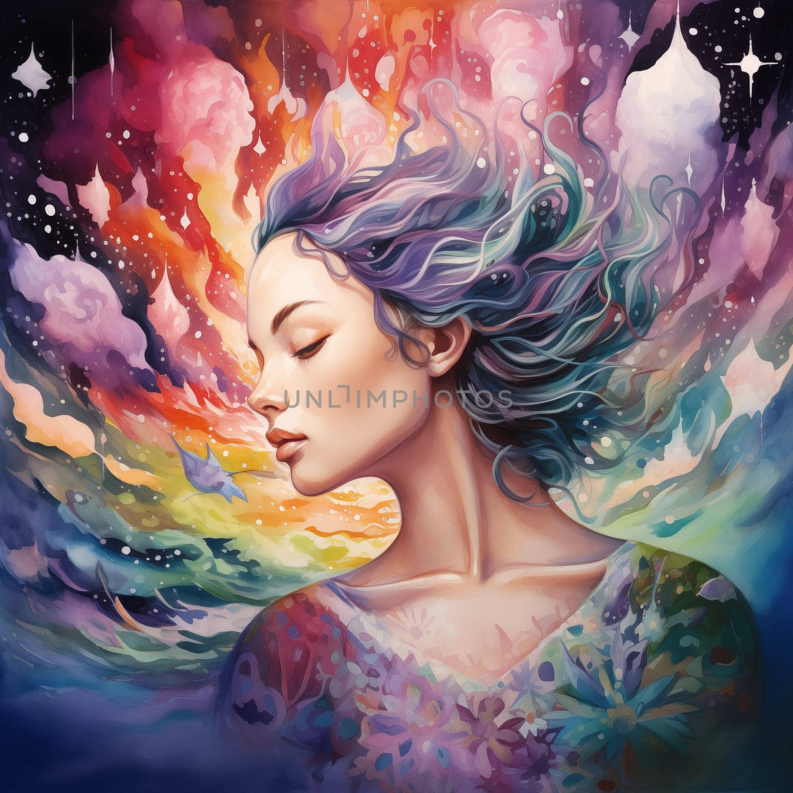 In close-up, a girl meditates with closed eyes and flowing hair against a cosmic backdrop with nebulae and swirls of energy. A serene scene capturing the beauty of meditation amidst cosmic wonders.