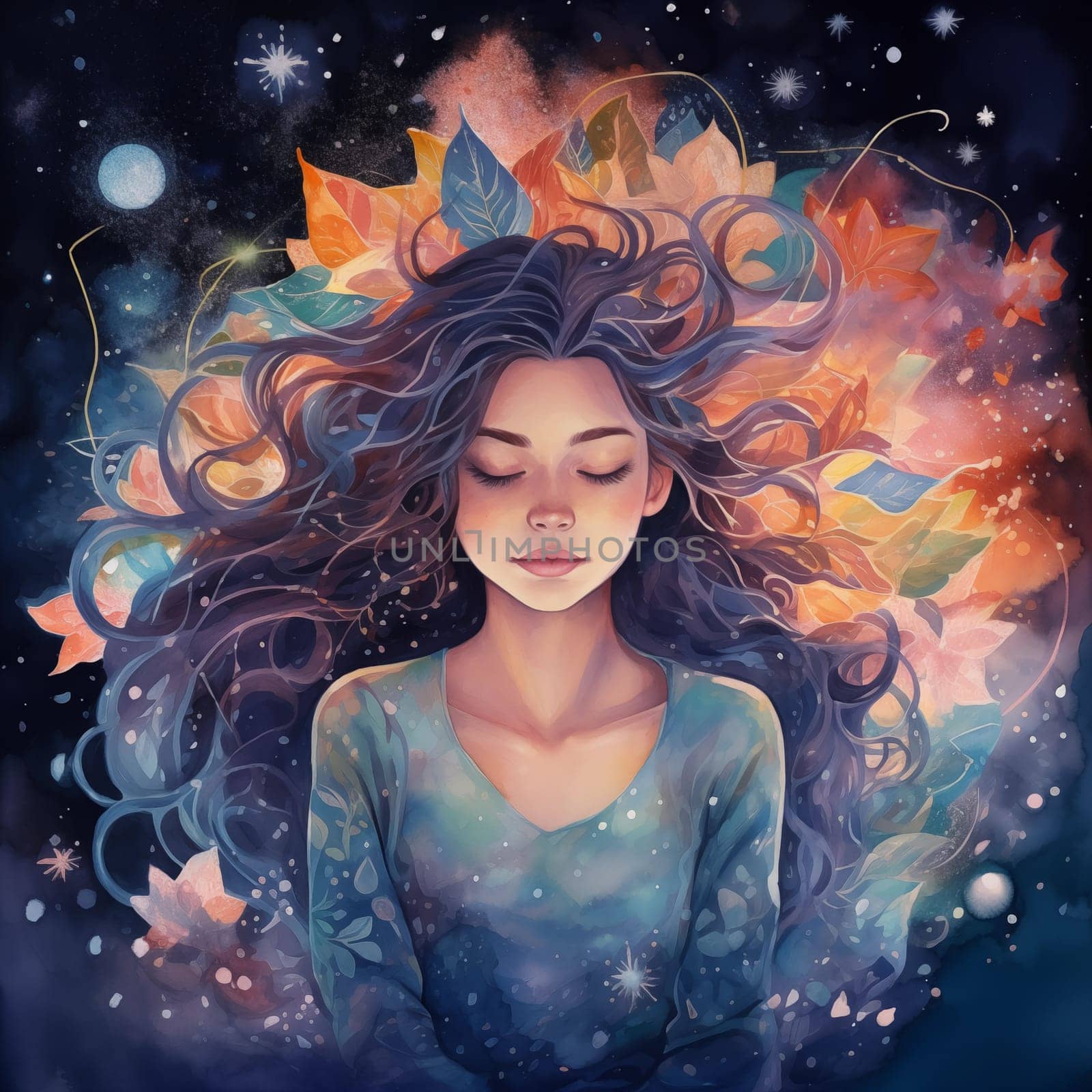 Mystical artwork: a girl in meditation with closed eyes against a cosmic backdrop with nebulae. Intricate leaf and flower patterns surround her, evoking a dreamy atmosphere in this illustrated scene.