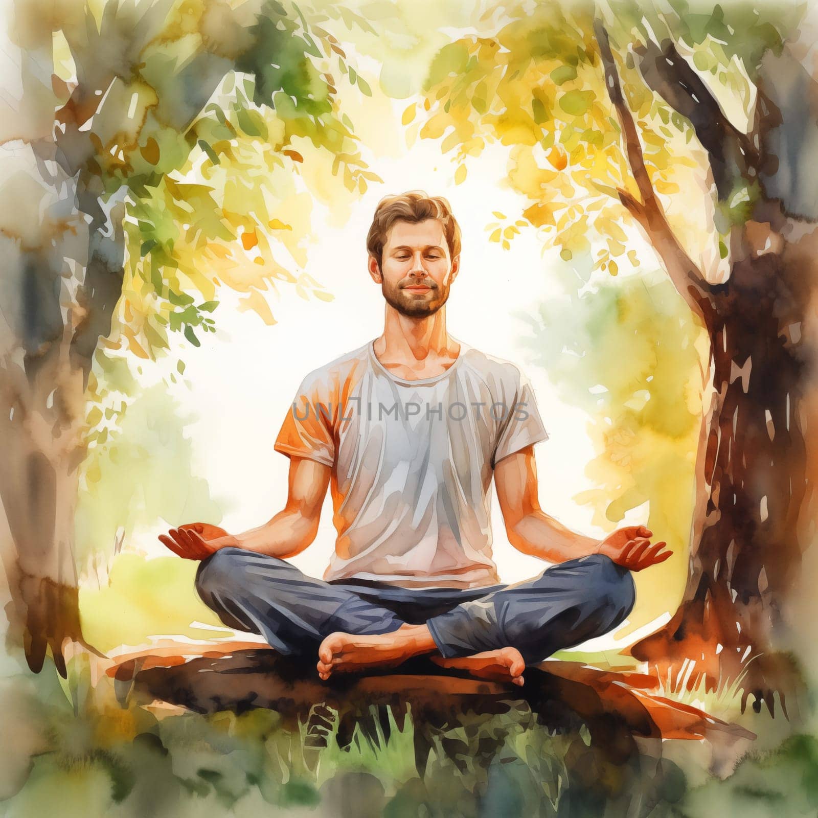 An adult man sitting on the grass surrounded by trees in nature, with his eyes closed in meditation. Summer, captured in watercolor, evokes tranquility and connection with nature. by veronawinner