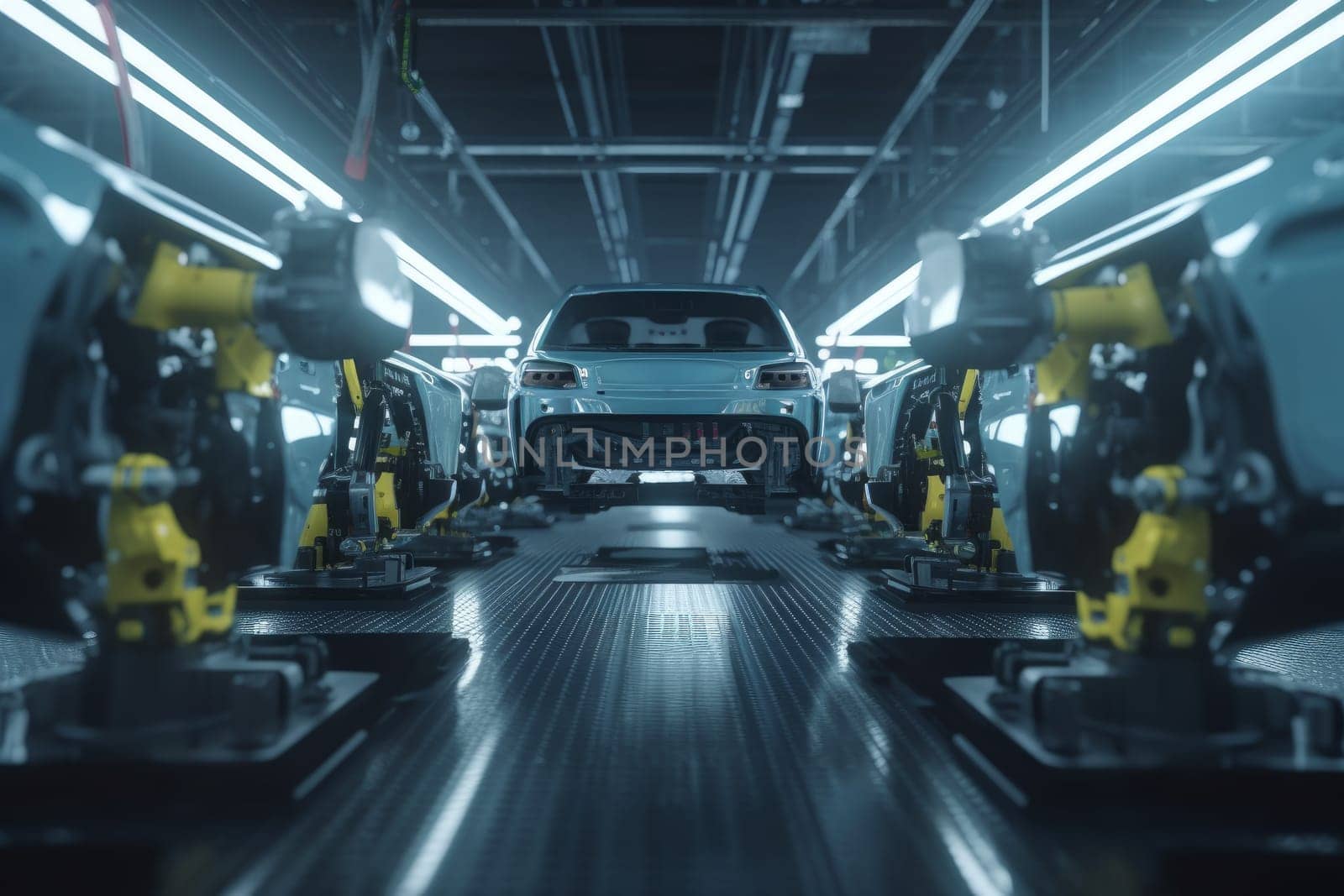 Assembly line car. Robot factory. Generate Ai