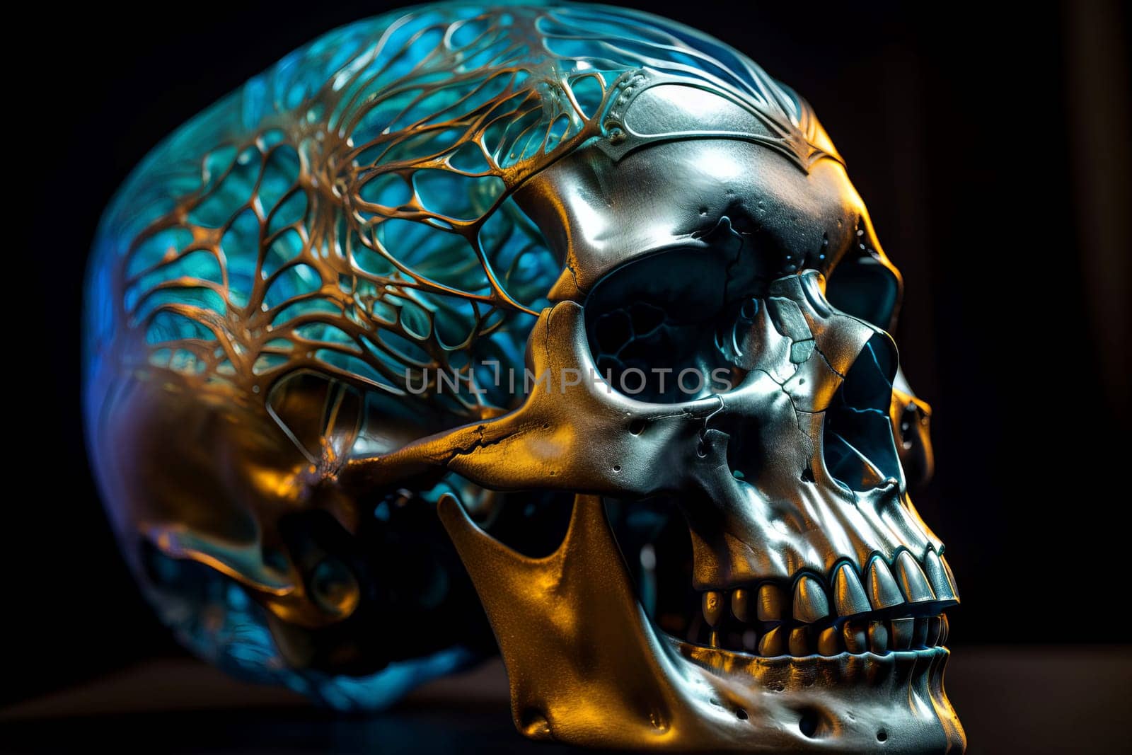 Biomechancial skull. Fantasy human art. Generate Ai