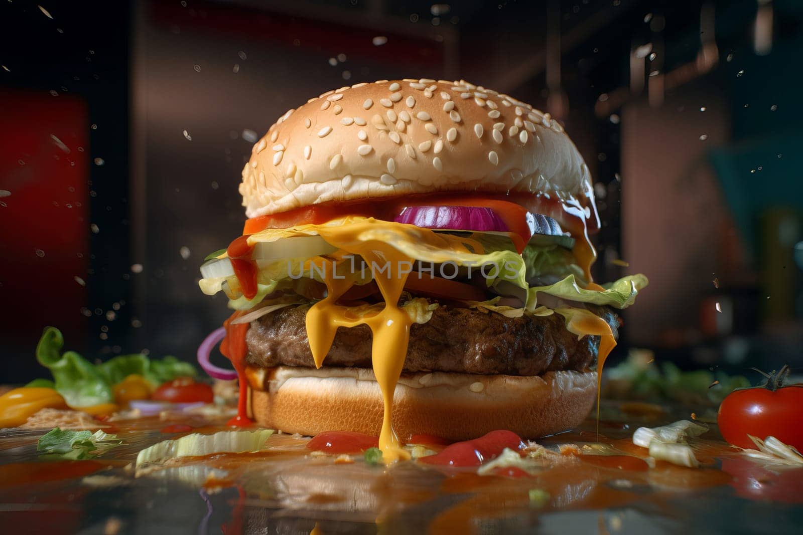 Delicious 3d burger. Fast snack. Generate Ai
