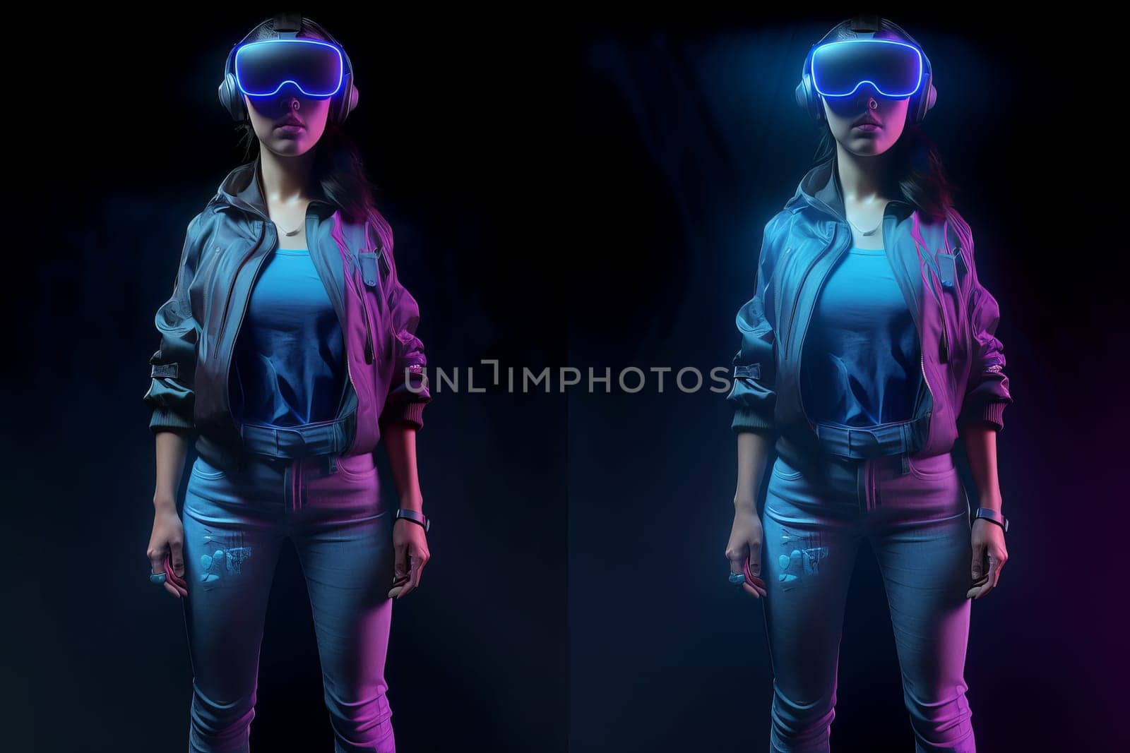 Double woman in vr glasses. Neon reality. Generate Ai