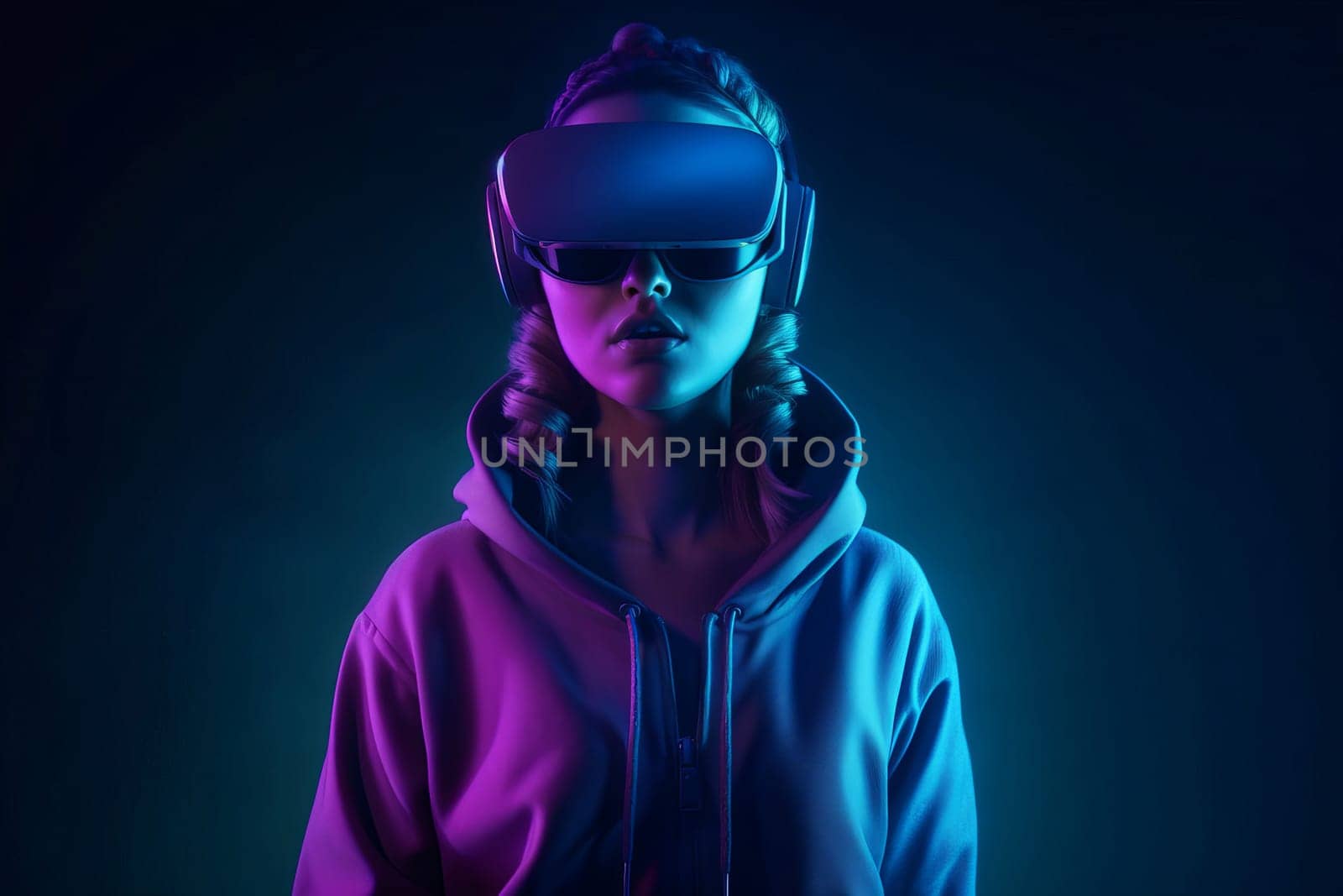 Woman in vr glasses. Generate Ai by ylivdesign