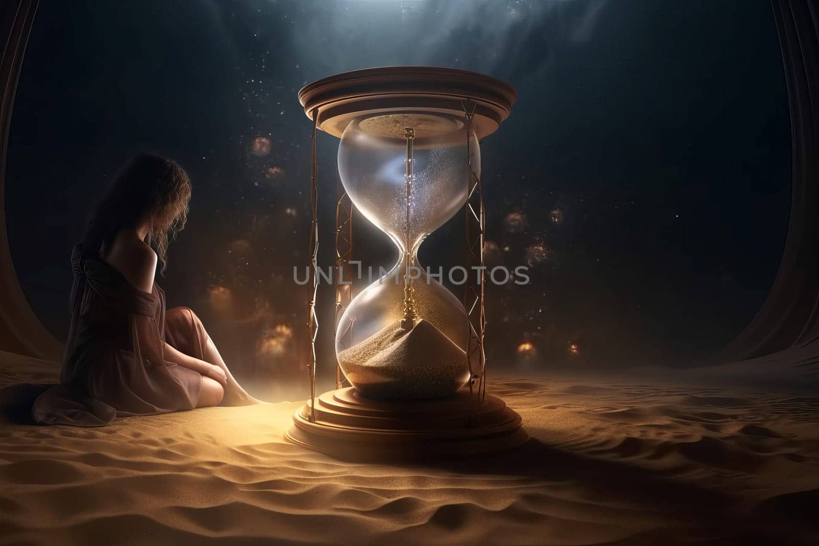 Big hourglass turner woman sit. Sand time. Generate Ai