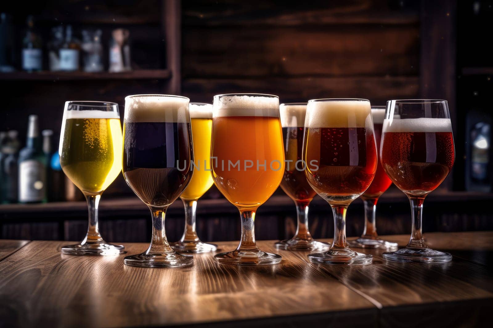 Glasses of different types of craft beer. Bar alcohol. Generate Ai
