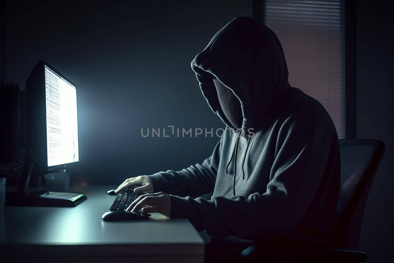 Hacker wearing hoodie in front of monitor. Generate Ai by ylivdesign