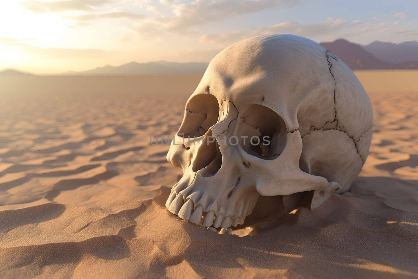 Human skull in desert. Dead head. Generate Ai