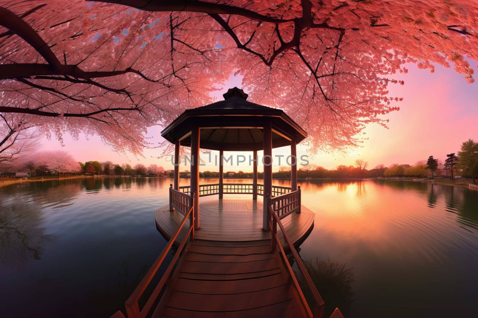 Sunset at lake cherry blossom. Nature tree. Generate Ai