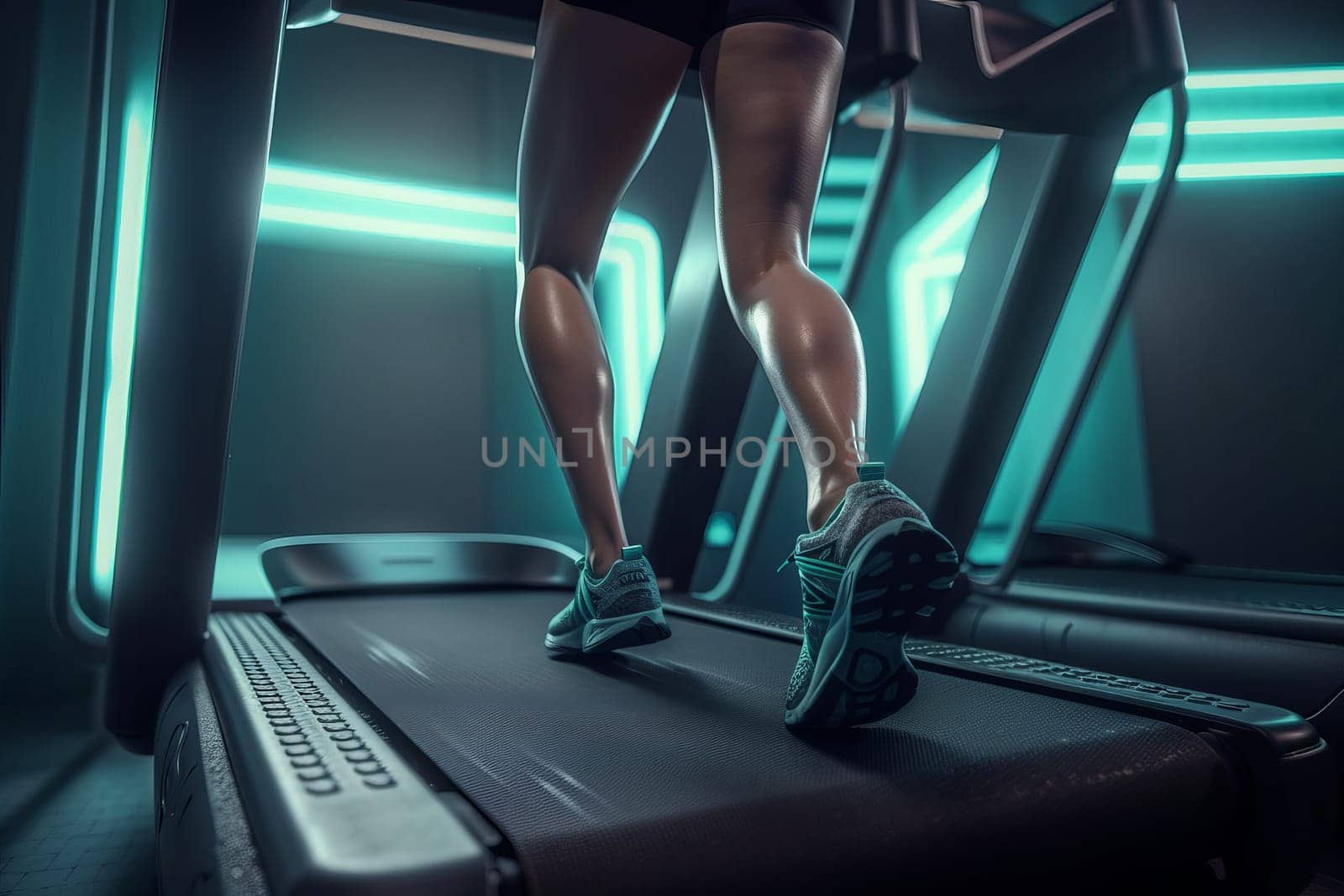 Woman legs on treadmill. Workout machine. Generate Ai