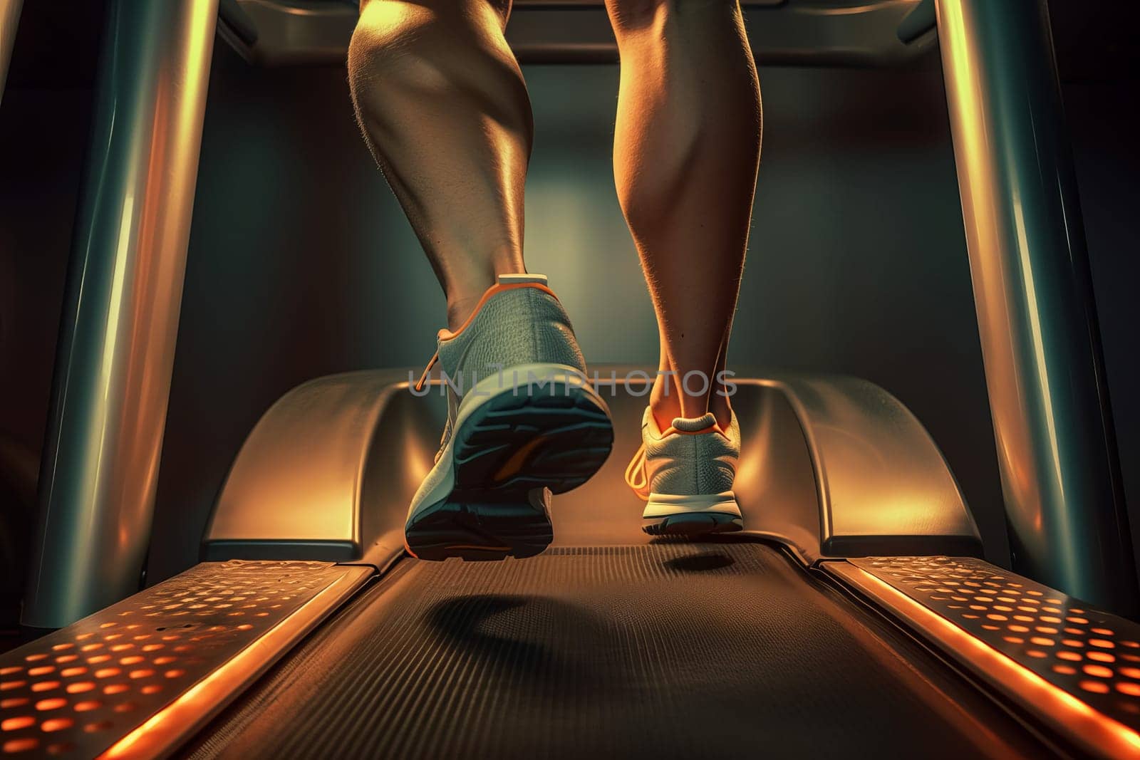 Home running legs on treadmill. Generate Ai by ylivdesign